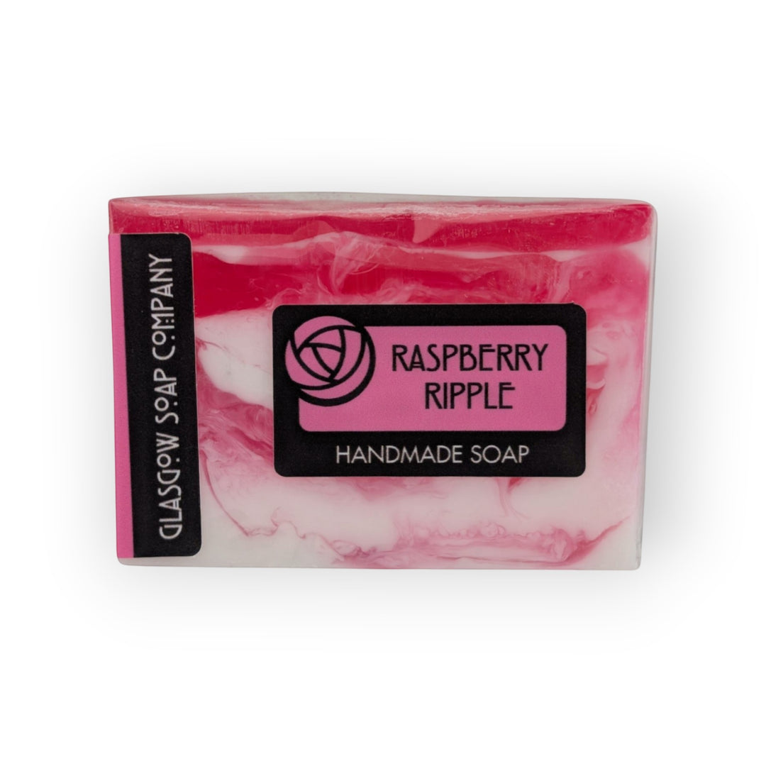 Glasgow Soap Company Ltd Raspberry Ripple handmade soap with pink and white swirls, vegan, SLS and paraben free.