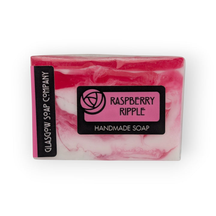 Glasgow Soap Company Ltd Raspberry Ripple handmade soap with pink and white swirls, vegan, SLS and paraben free.
