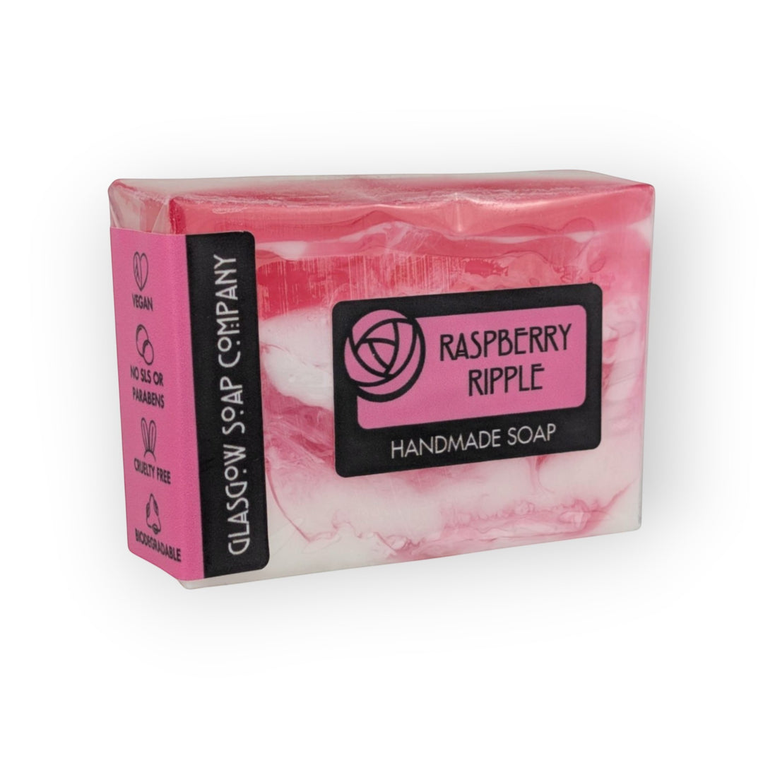 Glasgow Soap Company Ltd Raspberry Ripple handmade soap with pink and white swirls, vegan, cruelty-free, SLS &amp; paraben-free.