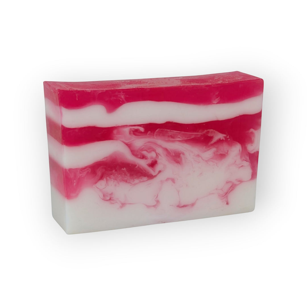 Glasgow Soap Company Ltd Raspberry Ripple soap bar with pink and white swirls, vegetable glycerine base, vegan, SLS and paraben free.
