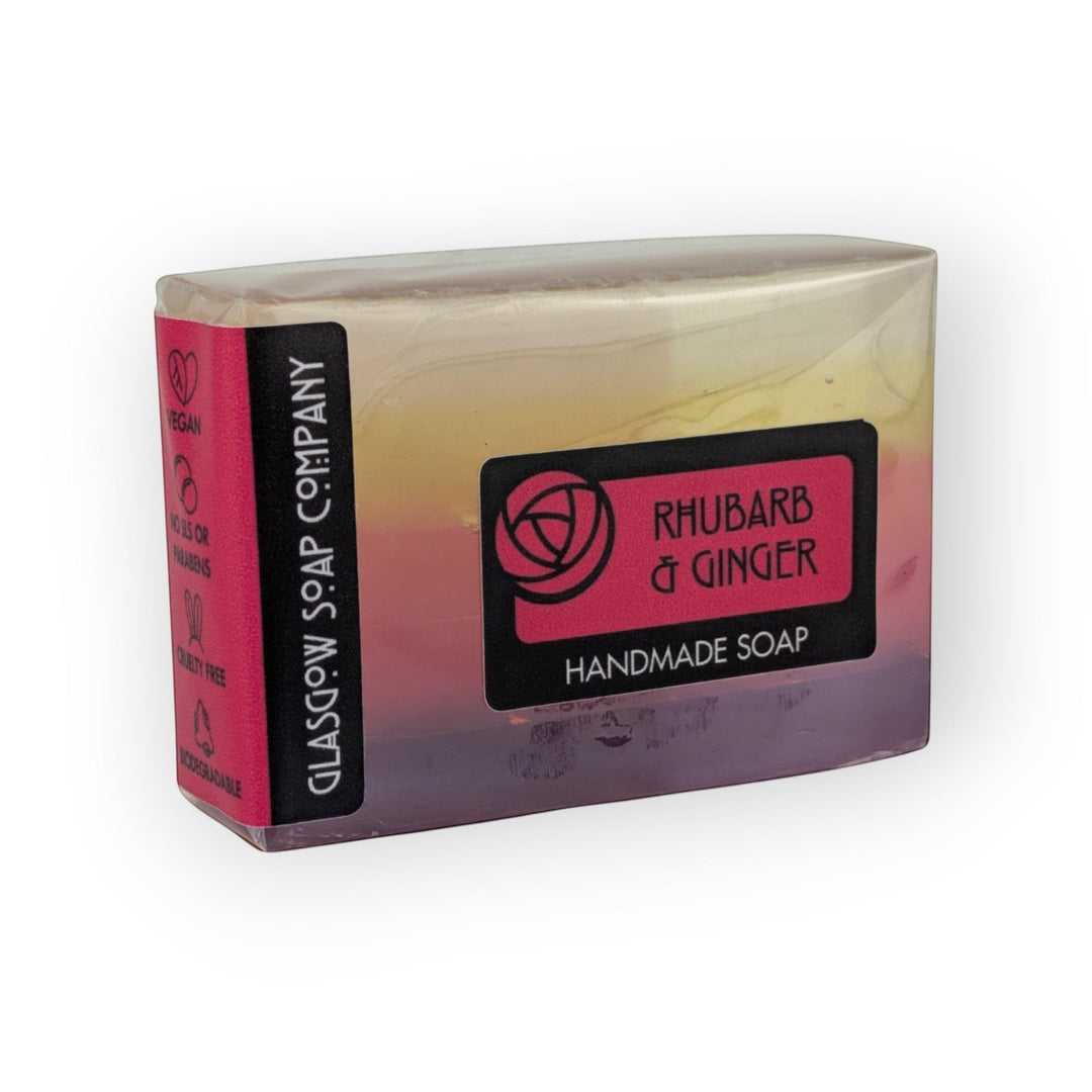 Glasgow Soap Company Ltd rhubarb and ginger handmade soap slice, vegan, SLS and paraben free, vegetable glycerine.