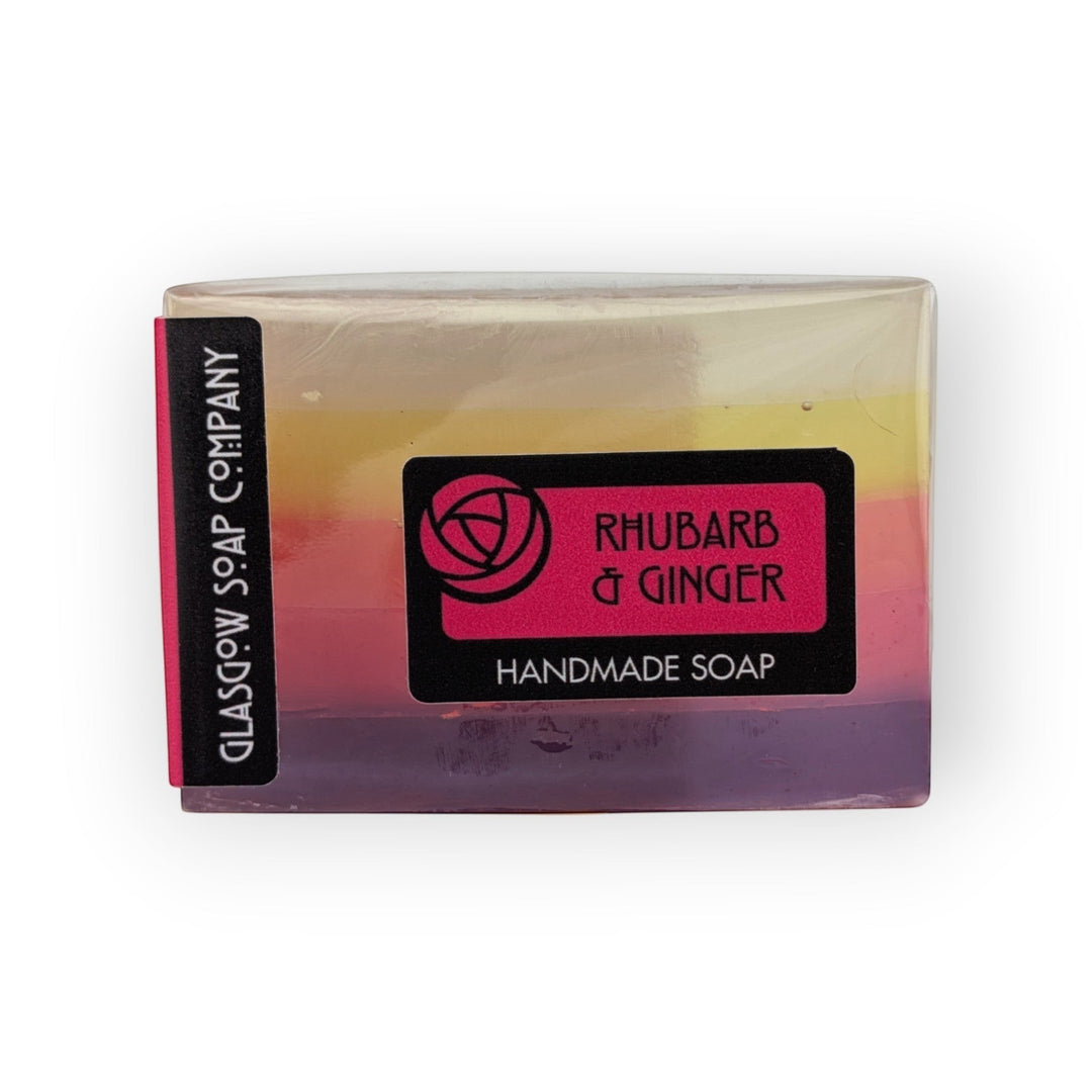 Glasgow Soap Company Ltd rhubarb and ginger handmade soap slice with pink, yellow and purple layers.