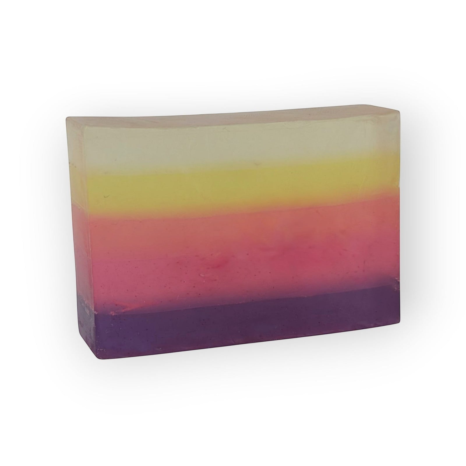 Glasgow Soap Company Ltd rhubarb and ginger layered soap slice with yellow, pink, and purple hues. Vegan, SLS & paraben free.