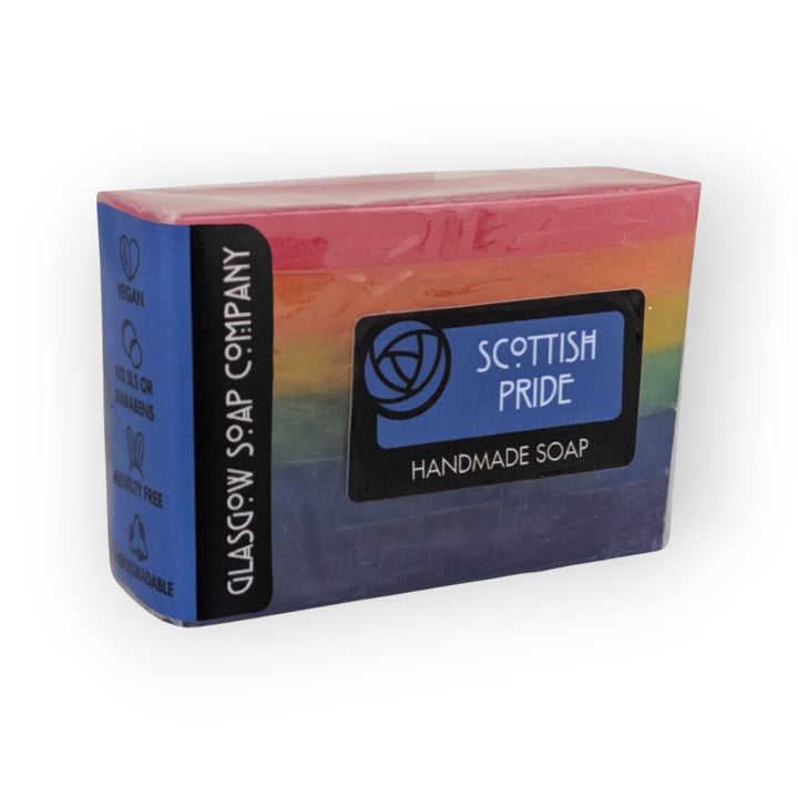 Glasgow Soap Company Ltd Scottish Pride rainbow handmade soap bar with bubblegum aroma, vegan, SLS and paraben free.