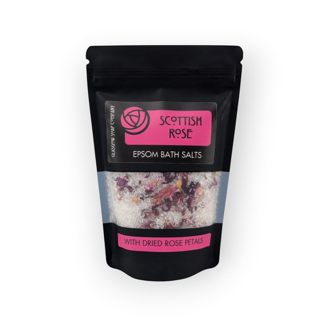 Glasgow Soap Company Scottish Rose Epsom Bath Salts with dried rose petals for relaxation and muscle relief.