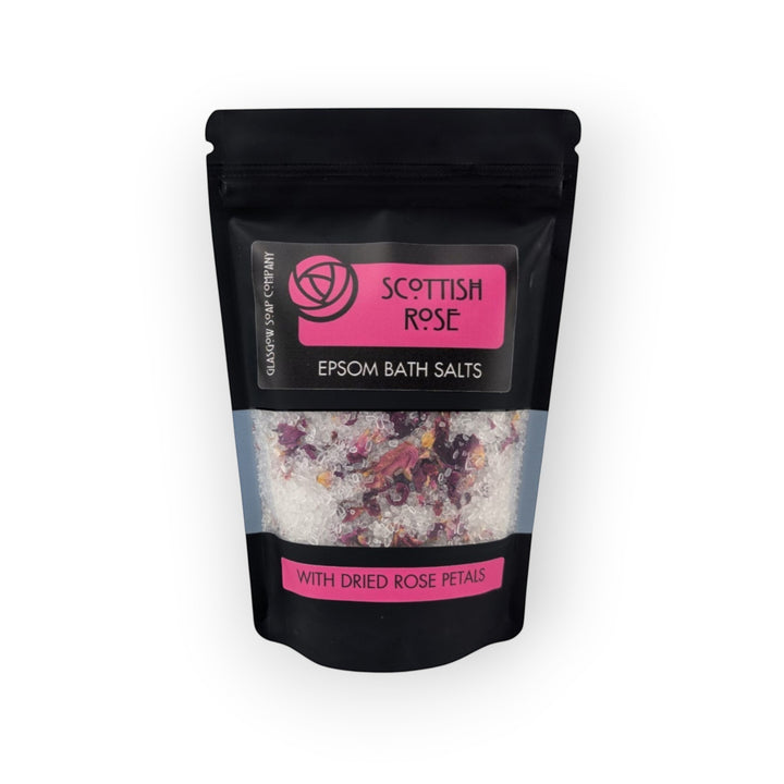 Glasgow Soap Company Scottish Rose Epsom Bath Salts with dried rose petals for relaxation and muscle relief.