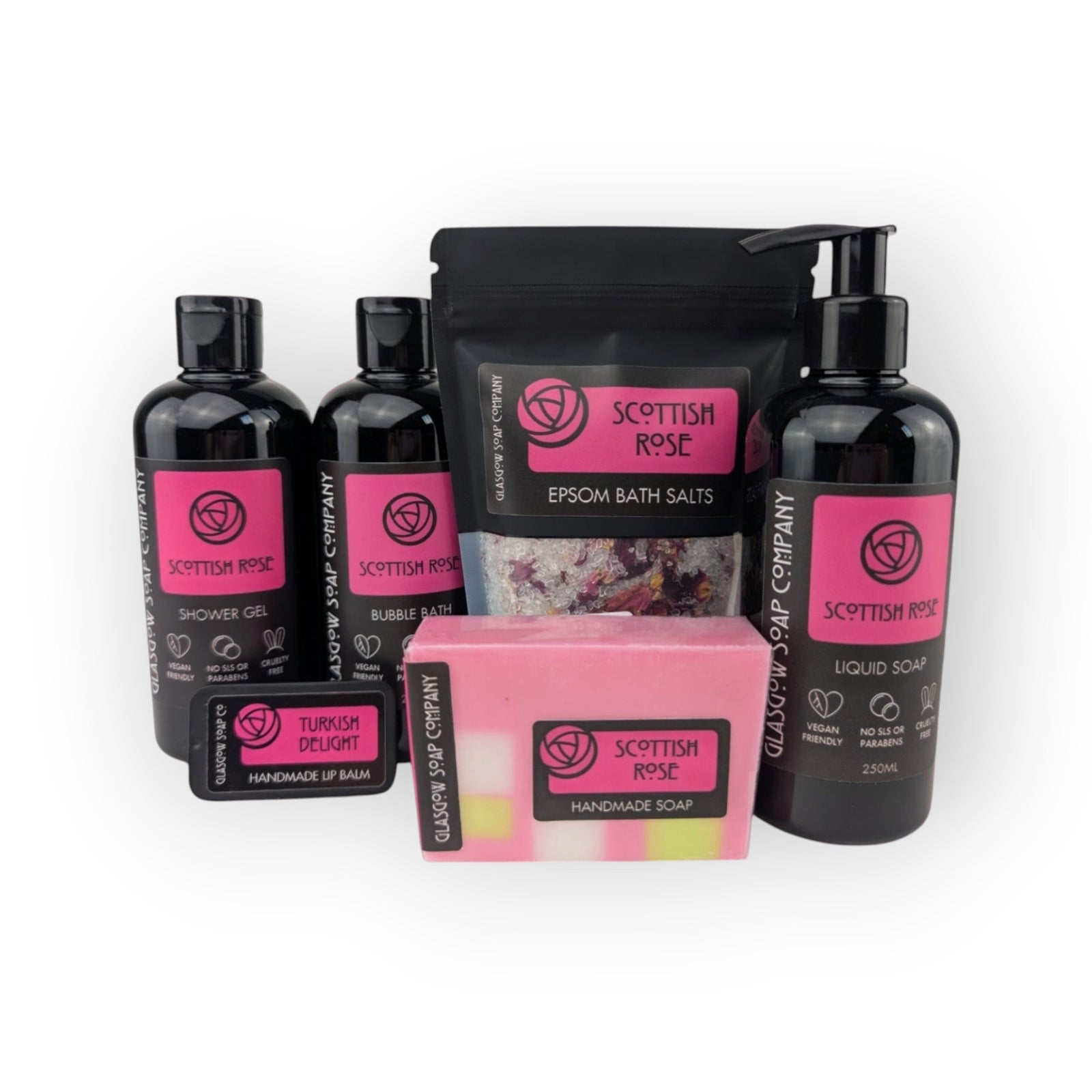 Glasgow Soap Company Ltd Scottish Rose Epsom Bath Salts with rose petals, handmade soap, shower gel, bubble bath and liquid soap.