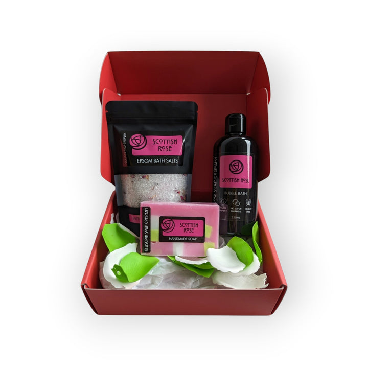 Glasgow Soap Company Ltd Scottish Rose self-care bath set with Epsom salts, handmade soap, and bubble bath.
