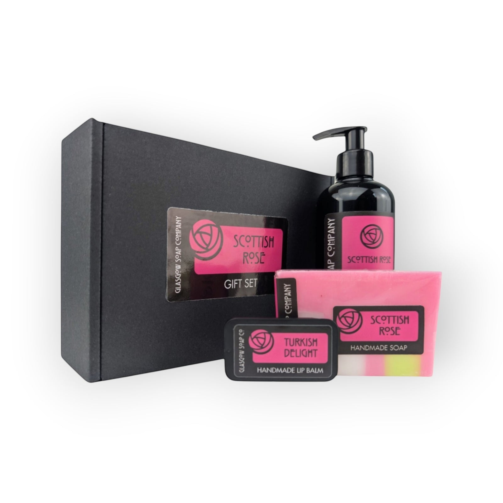 Glasgow Soap Company Ltd Scottish Rose gift set with liquid soap, handmade soap, and lip balm. Vegan and cruelty-free.