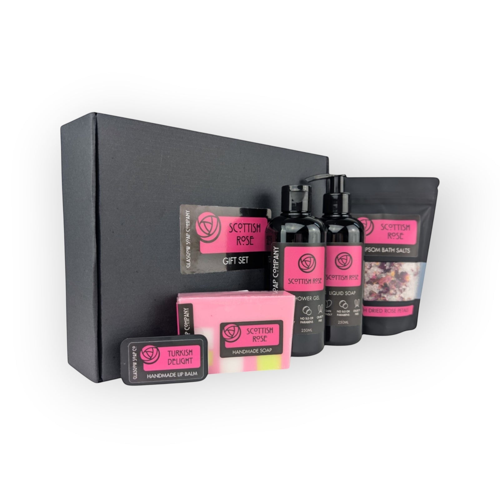 Glasgow Soap Company Ltd Scottish Rose gift set with liquid soap, shower gel, bath salts, handmade soap, and lip balm.