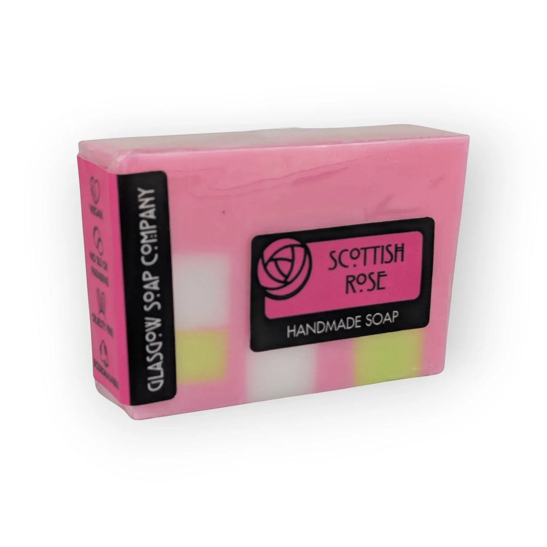Glasgow Soap Company Ltd Scottish Rose handmade soap bar, pink with white and green stripes, vegan, SLS &amp; paraben free.