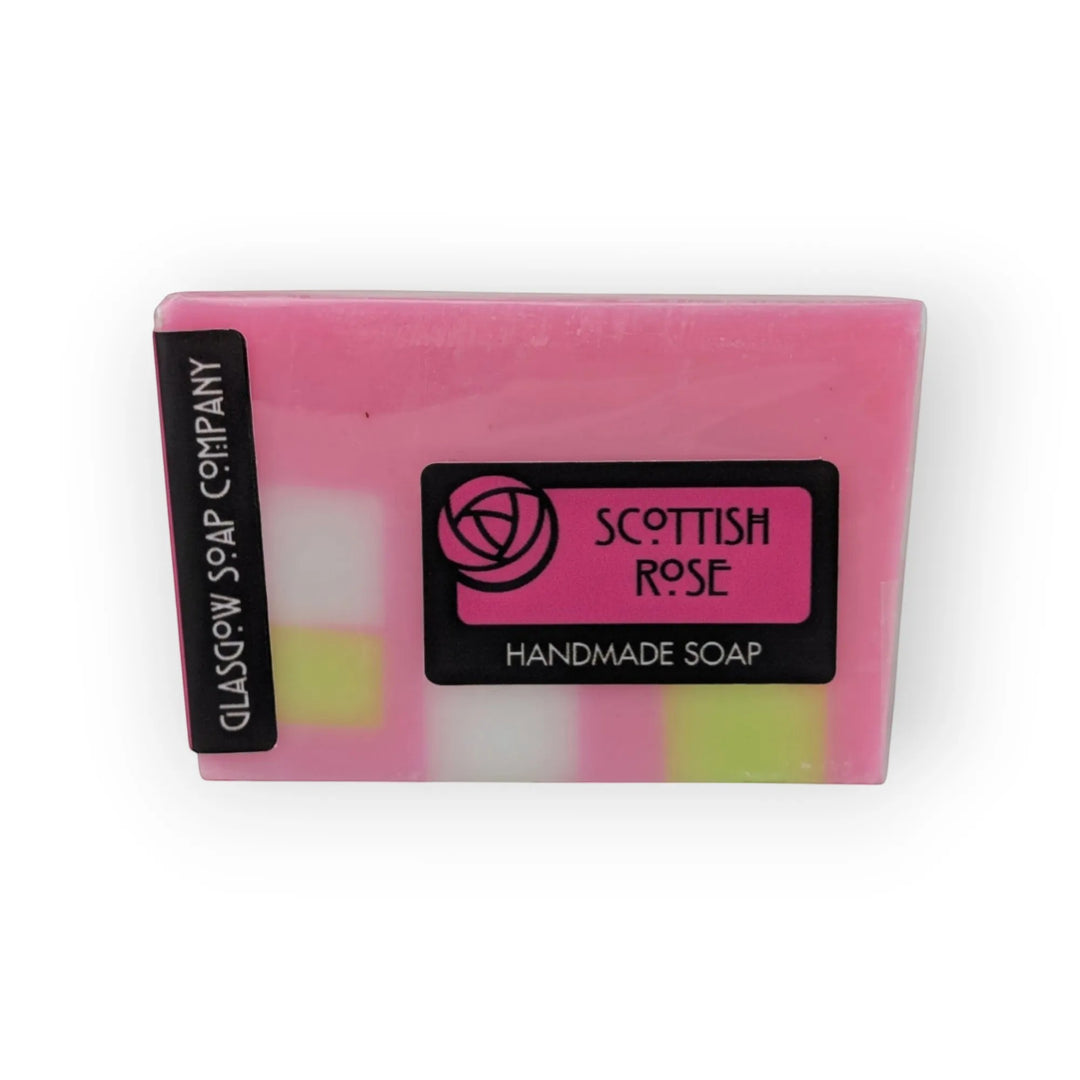 Glasgow Soap Company Ltd Scottish Rose handmade soap, pink with white and green checkered pattern, vegetable glycerine, vegan, sensitive skin.