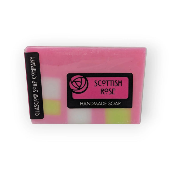 Glasgow Soap Company Ltd Scottish Rose handmade soap, pink with white and green checkered pattern, vegetable glycerine, vegan, sensitive skin.