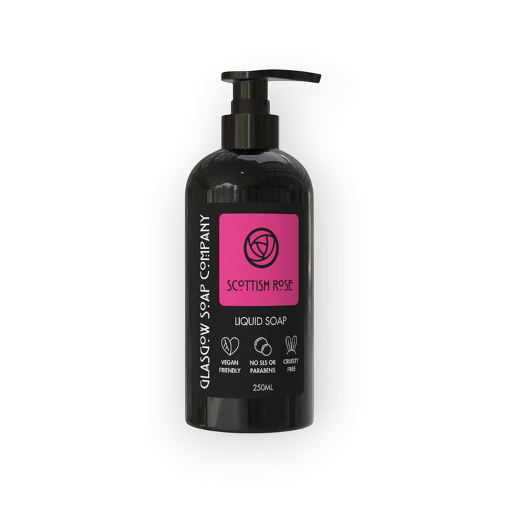Glasgow Soap Company Scottish Rose liquid soap with pump dispenser, 250ml bottle. Vegan, cruelty-free.