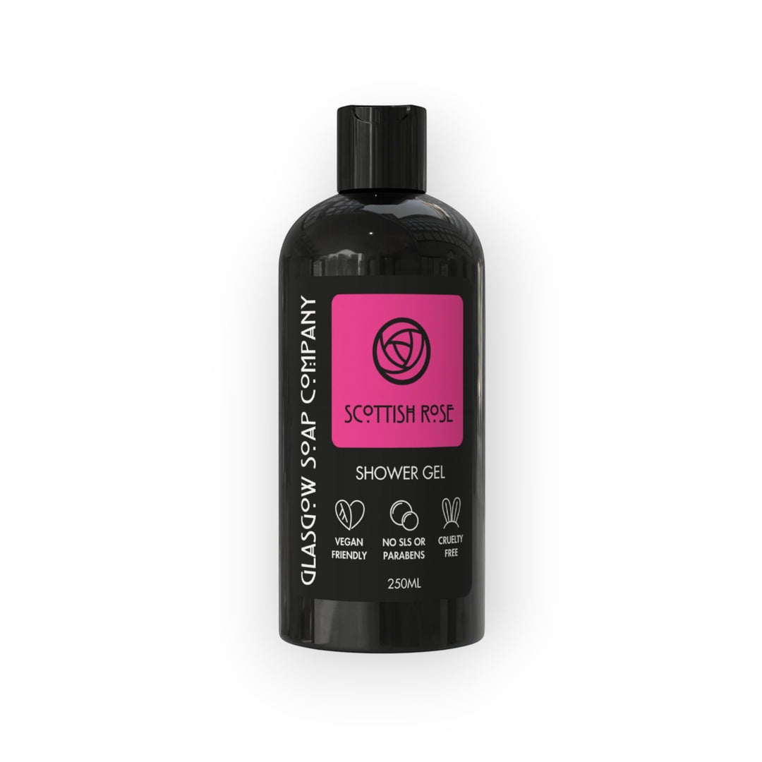Glasgow Soap Company Scottish Rose shower gel, vegan, cruelty-free, 250ml bottle with pink label.