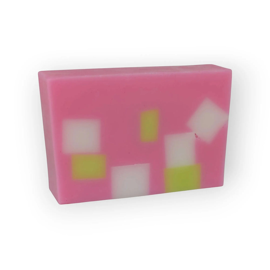 Glasgow Soap Company Ltd Scottish Rose soap bar with pink base and embedded white and green squares. Vegan, SLS &amp; Paraben Free.