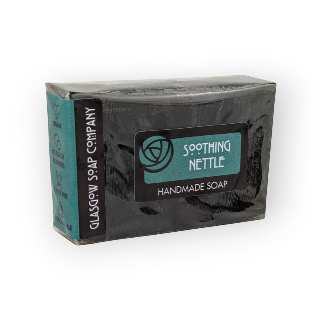 Glasgow Soap Company Ltd soothing nettle handmade soap bar for dry, itchy, sensitive skin. Vegan, SLS &amp; paraben free.