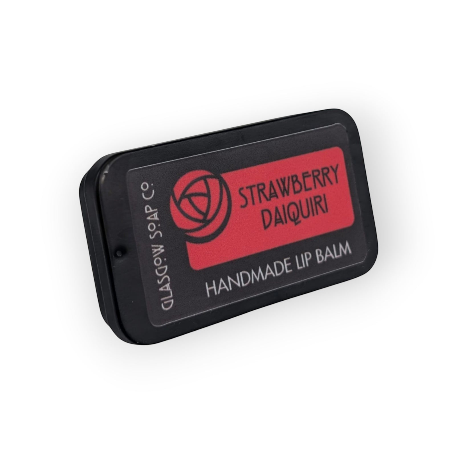 Glasgow Soap Company Ltd Strawberry Daiquiri handmade lip balm in a black tin with red label.