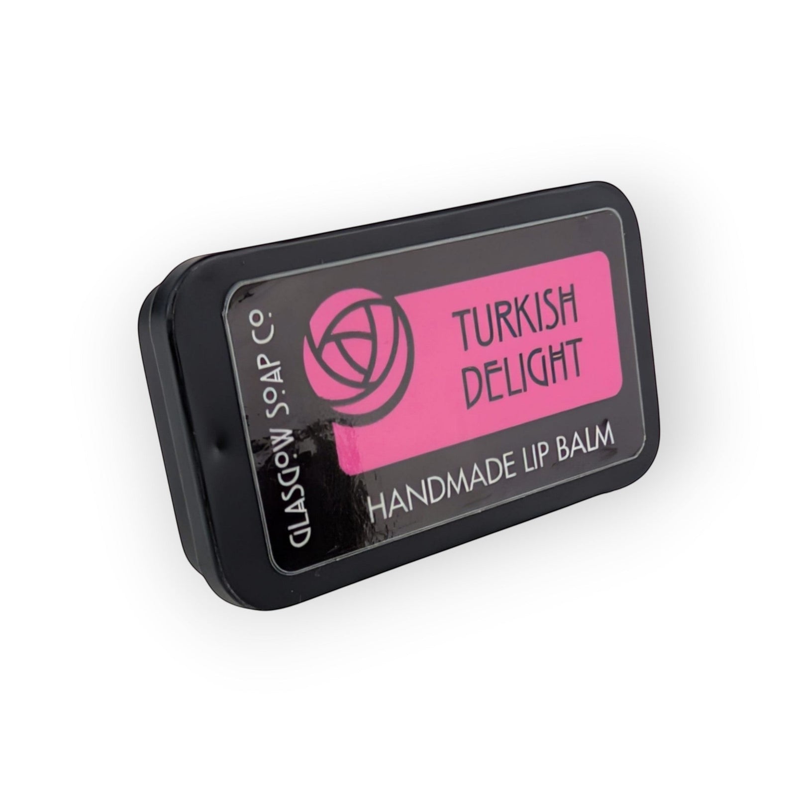 Glasgow Soap Company Ltd Turkish Delight handmade lip balm in a black tin with pink label. Rose flavour.