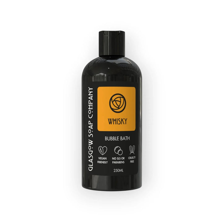Glasgow Soap Company Ltd Whisky Bubble Bath, vegan, no SLS or parabens, cruelty-free. 250ml bottle with smoky whisky aroma.