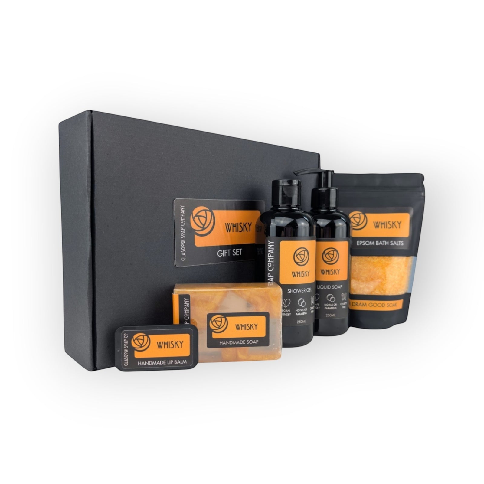 Glasgow Soap Company Ltd whisky gift set with liquid soap, shower gel, bath salts, handmade soap, and lip balm. Vegan and cruelty-free.
