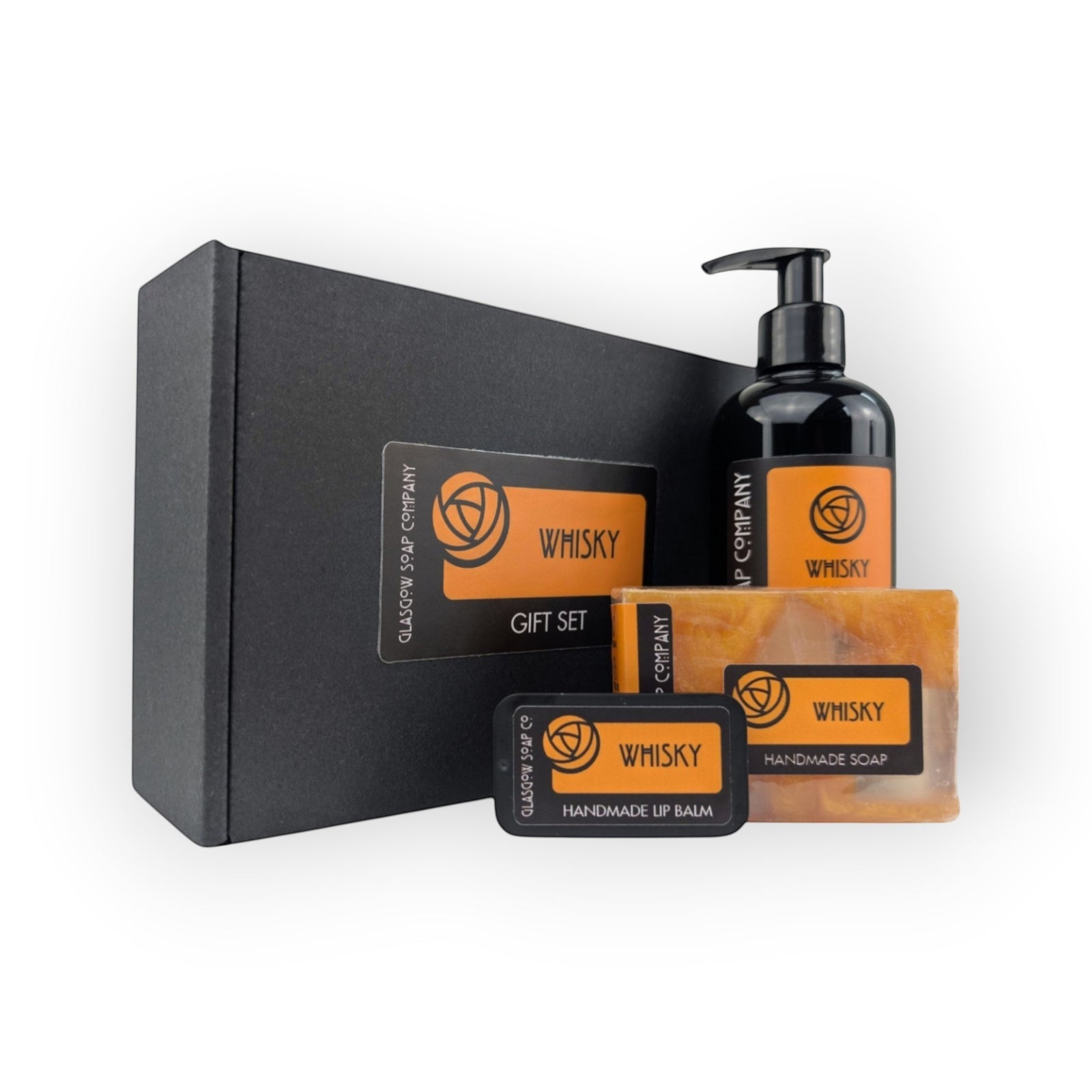 Glasgow Soap Company Ltd whisky gift set with liquid soap, handmade soap, and lip balm. Vegan and cruelty-free.