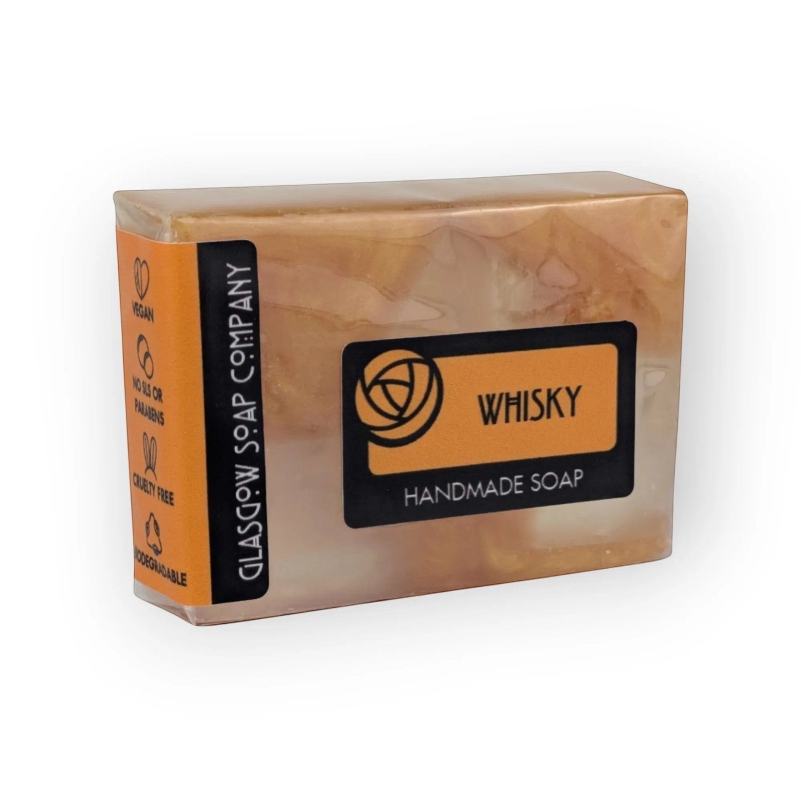 Glasgow Soap Company Ltd whisky handmade soap, amber swirls, vegan, SLS & paraben free, cruelty free, biodegradable.