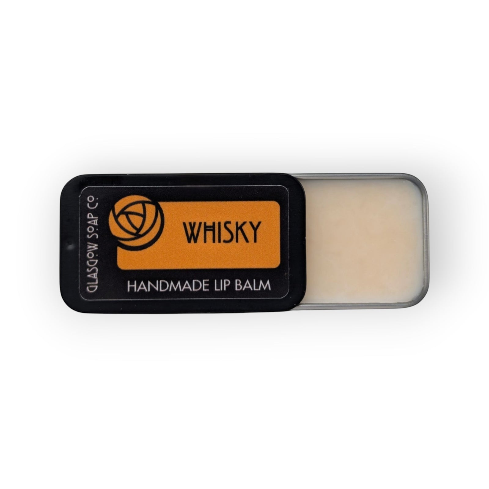 Glasgow Soap Company Ltd Whisky handmade lip balm in a black tin, made with coconut oil, shea butter and beeswax.