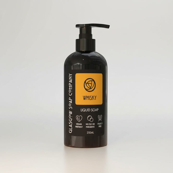 Glasgow Soap Company Ltd whisky liquid soap in a dark brown bottle with a black pump dispenser. Features vegan, no SLS or parabens, and cruelty-free icons.