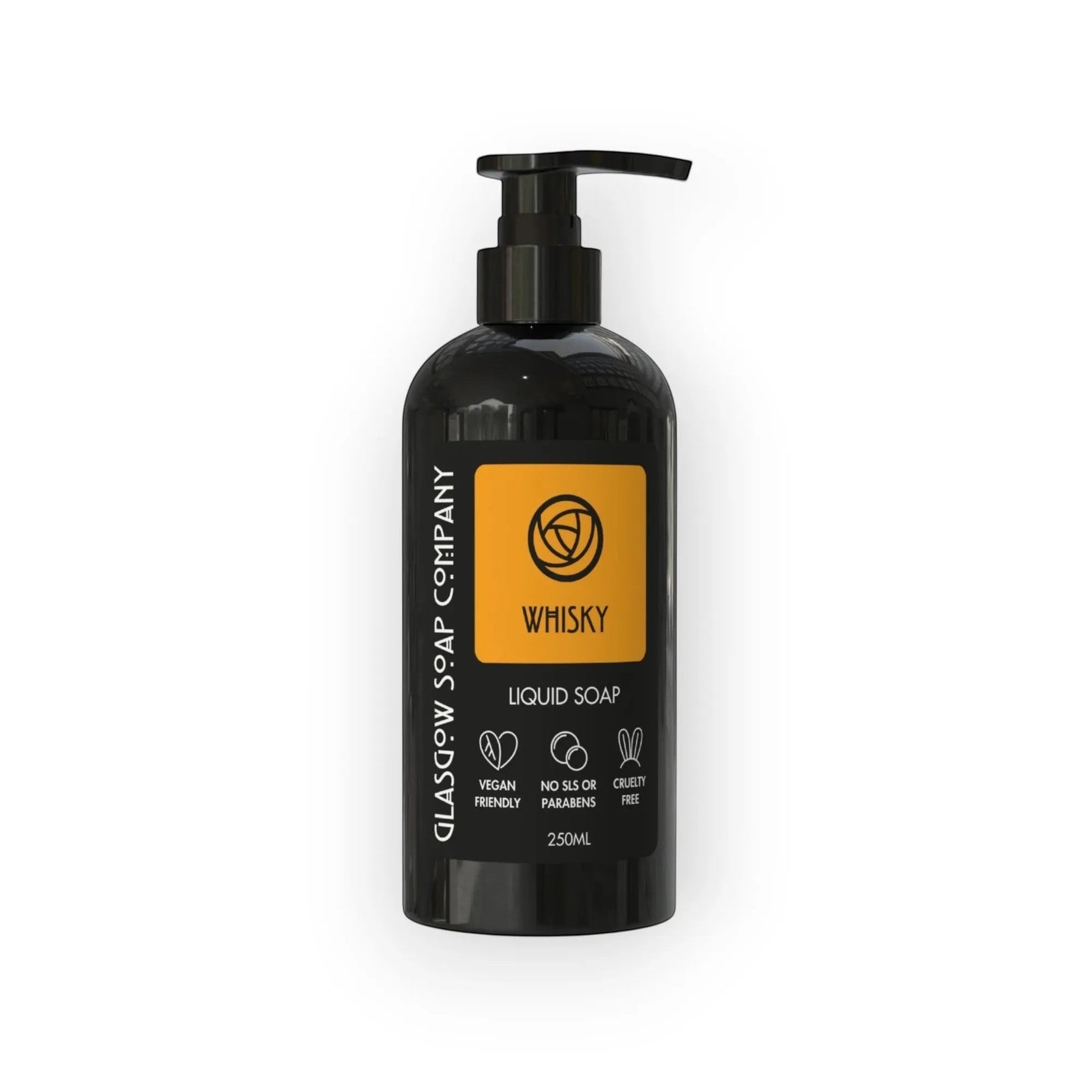 Glasgow Soap Company Ltd whisky liquid soap, 250ml bottle with pump dispenser. Vegan, no SLS or parabens, cruelty-free.