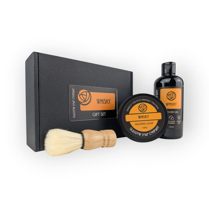 Glasgow Soap Company Ltd Whisky Shower &amp; Shave Gift Set with shower gel, shaving soap, and vegan shaving brush.