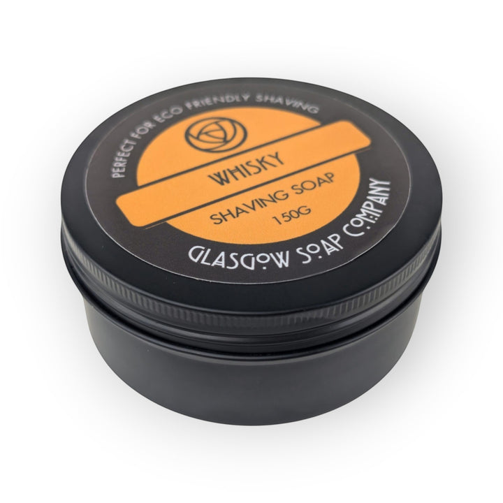Glasgow Soap Company Ltd Whisky Shaving Soap 150g in a black tin, perfect for eco-friendly shaving.