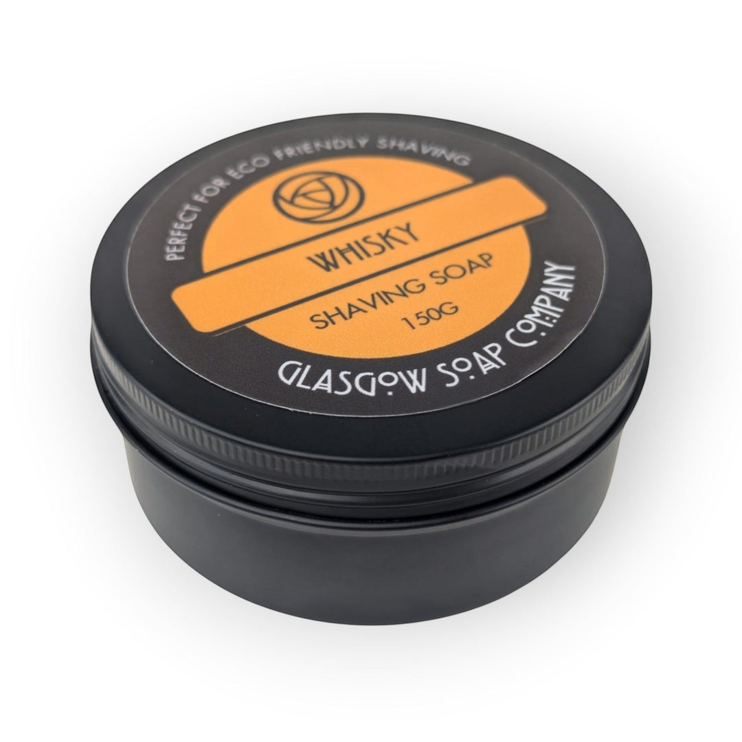 Glasgow Soap Company Ltd Whisky Shaving Soap in a black tin, 150g, vegan-friendly, for face and body.