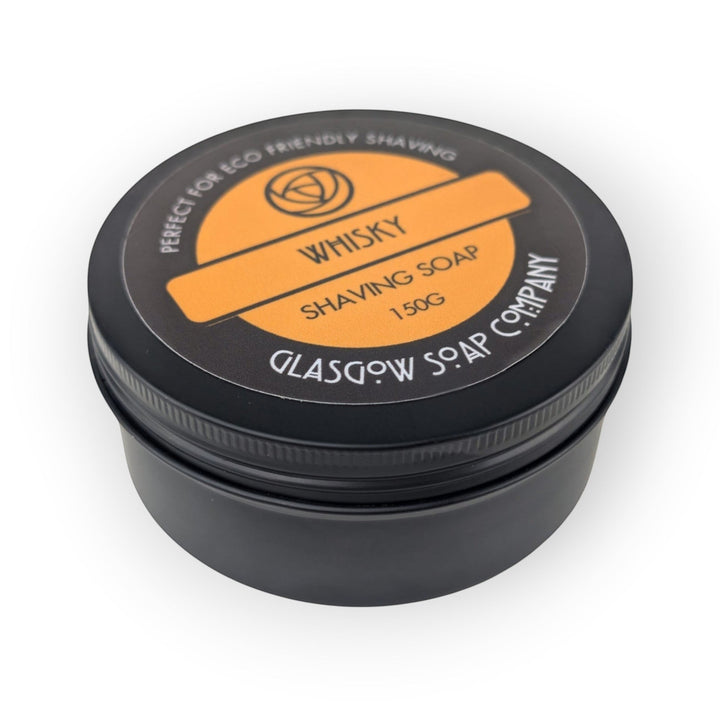 Glasgow Soap Company Ltd Whisky Shaving Soap in a black tin, 150g, vegan-friendly, for face and body.