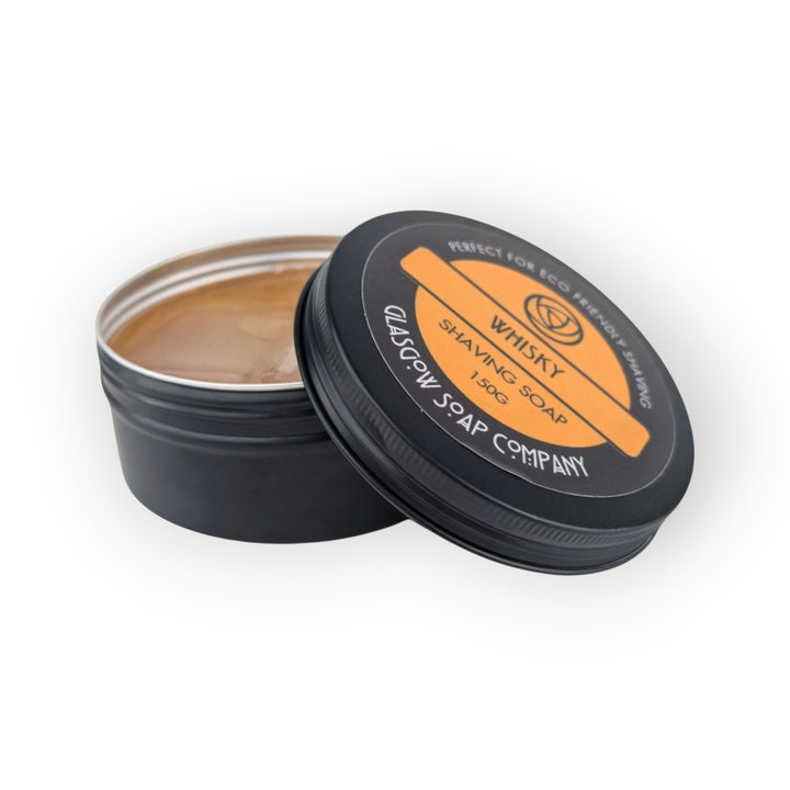 Glasgow Soap Company Ltd Whisky Shaving Soap in a black tin, 150g, perfect for eco-friendly shaving.