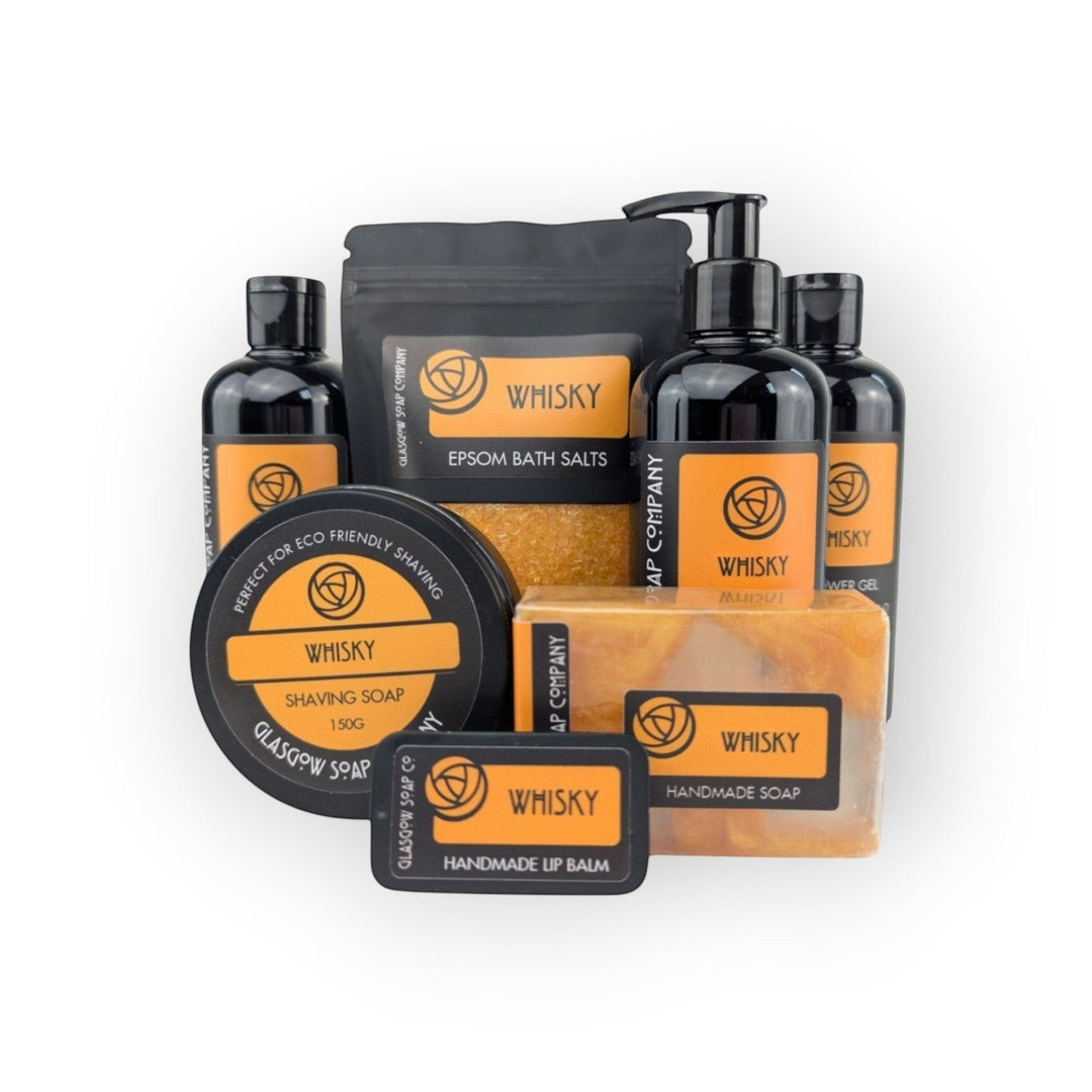 Glasgow Soap Company Ltd whisky handmade soap, shaving soap, lip balm, bath salts, and shower gel set.