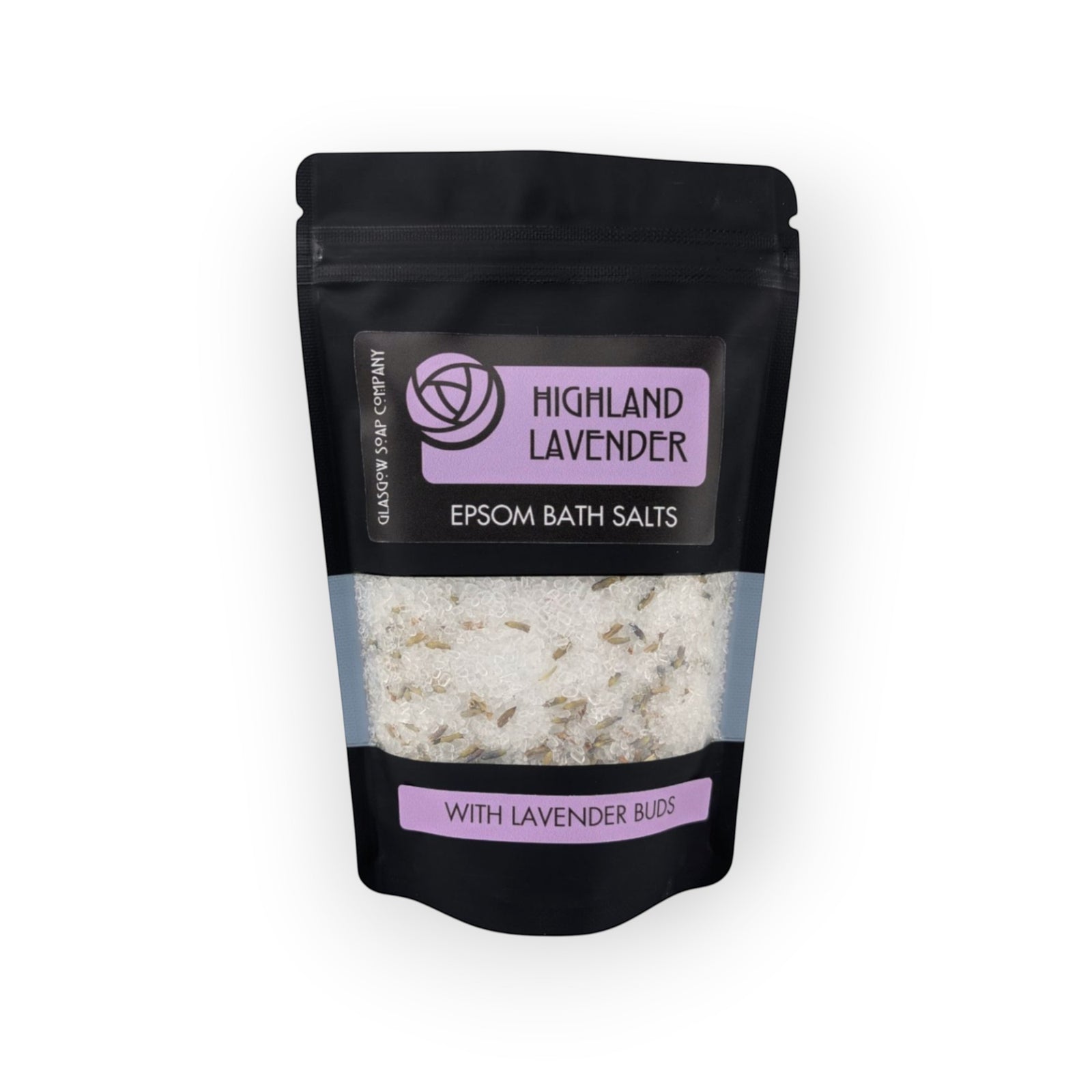 Glasgow Soap Company Ltd Highland Lavender Epsom Bath Salts with lavender buds for relaxation and muscle relief.