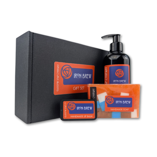 Iron Brew irn bru gift set with black box, soap, balm, and liquid soap gift set on a white background