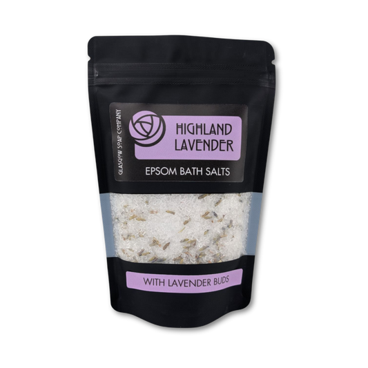 Highland Lavender Epsom Bath Salts packaging on a white background