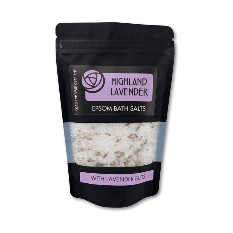Highland Lavender Epsom Bath Salts packaging on a white background