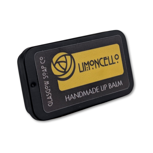 Handmade lip balm packaging with Limoncello branding on a white background