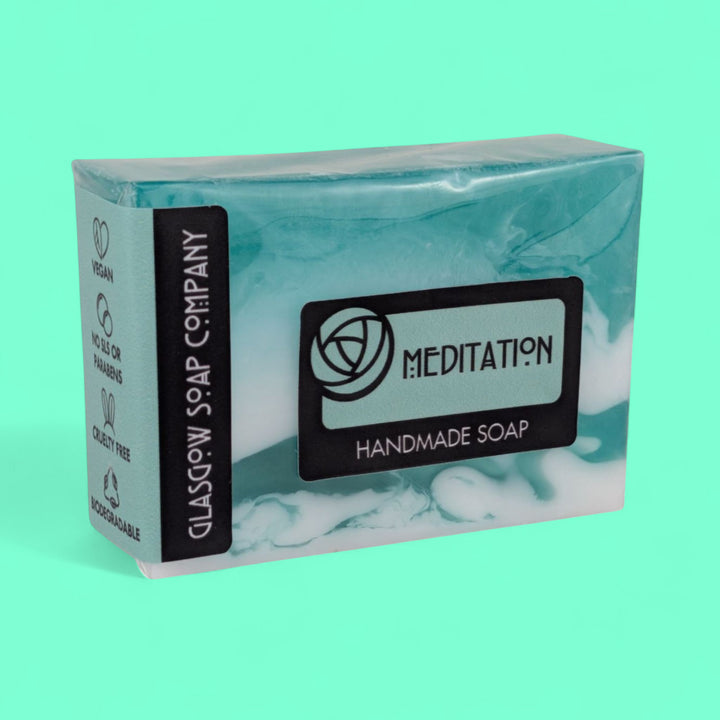 Meditation handmade soap from Glasgow Soap Company on a light green background