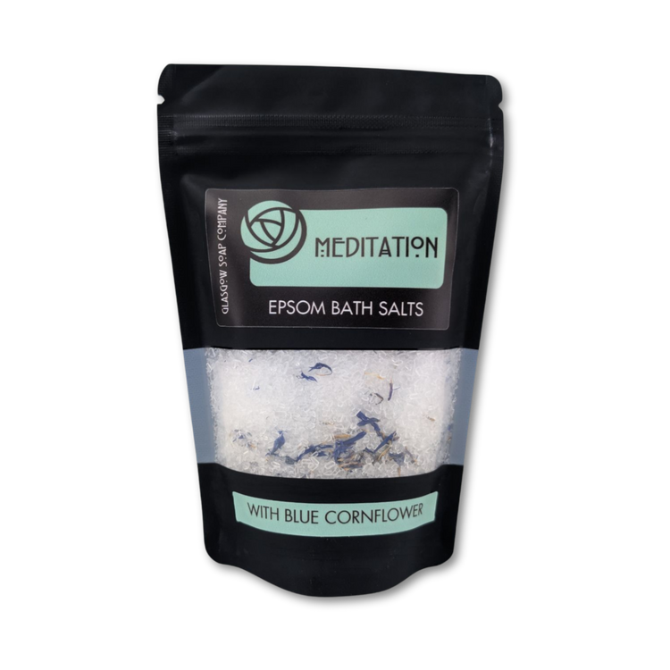 Pack of Epsom bath salts with blue cornflower from Meditation on a white background