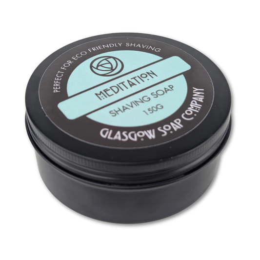 Shaving soap container with 'Meditation' label on a white background