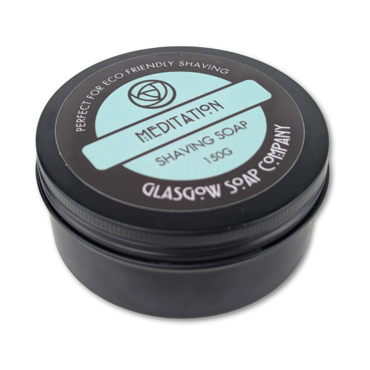 Shaving soap container with 'Meditation' label on a white background