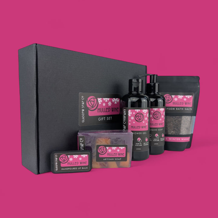 mulled wine christmas bath and body gift set with vegan handmade soap, lip bam, epsom bath salts, shower gel and liquid soap