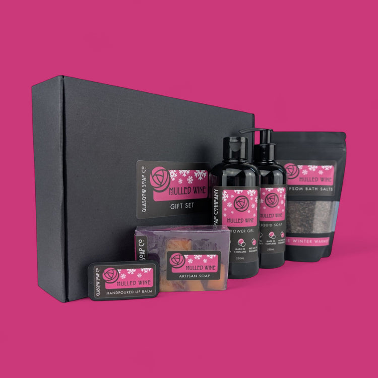 mulled wine christmas bath and body gift set with vegan handmade soap, lip bam, epsom bath salts, shower gel and liquid soap