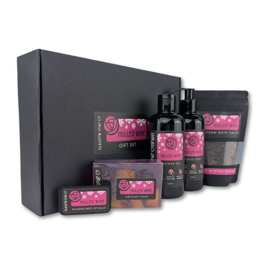 mulled wine christmas bath and body gift set with vegan handmade soap, lip bam, epsom bath salts, shower gel and liquid soap