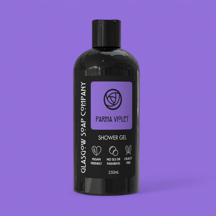 Black bottle of Glasgow Soap Company Parma Violet shower gel on a purple background