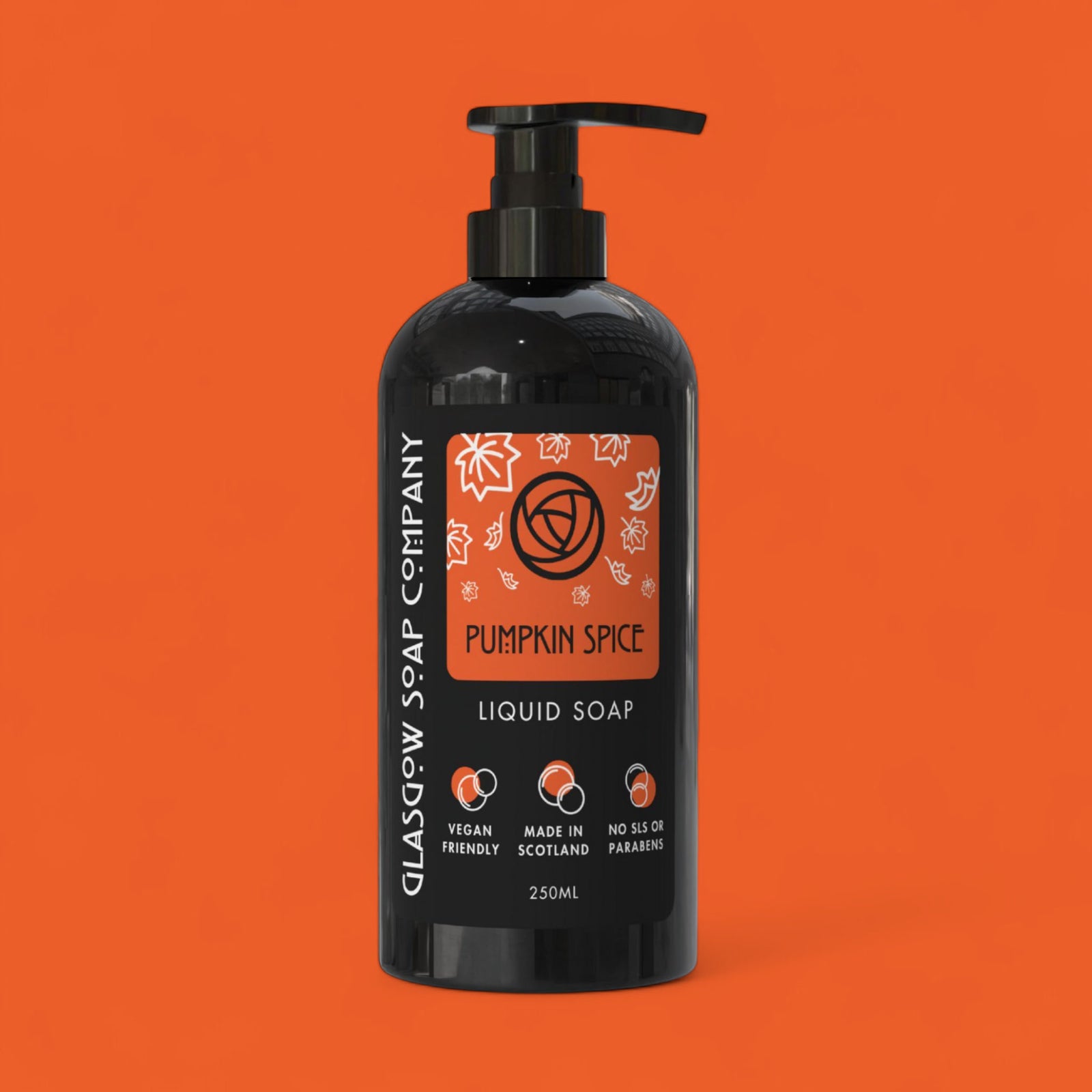 pumpkin spice vegan liquid soap in a recyclable black bottle
